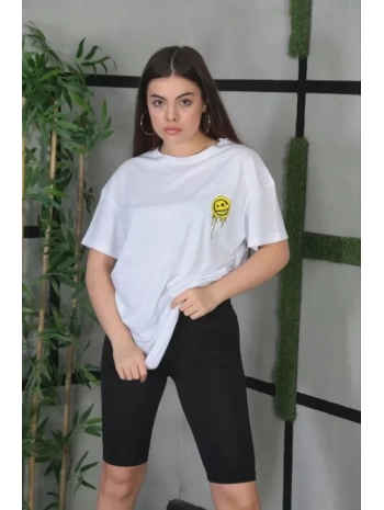Unisex Bisiklet Yaka Baskılı Oversize T-Shirt - Beyaz