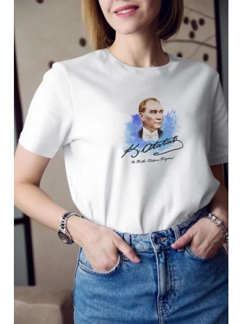 Unisex Bisiklet Yaka Baskılı Oversize T-Shirt - Beyaz