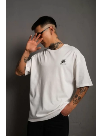 Unisex Bisiklet Yaka Baskılı Oversize T-Shirt - Beyaz