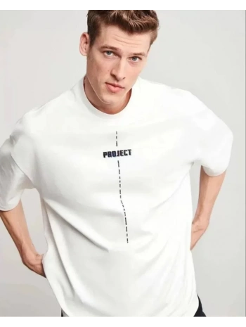 Unisex Bisiklet Yaka Baskılı Oversize T-Shirt - Beyaz