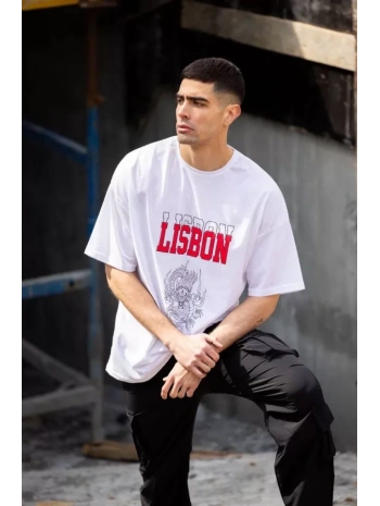 Unisex Bisiklet Yaka Baskılı Oversize T-Shirt - Beyaz