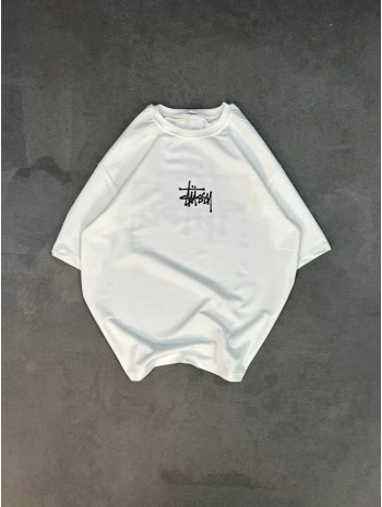 Unisex Bisiklet Yaka Baskılı Oversize T-Shirt - Beyaz