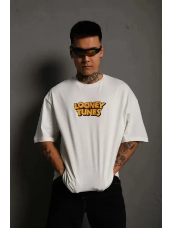 Unisex Bisiklet Yaka Baskılı Oversize T-Shirt - Beyaz