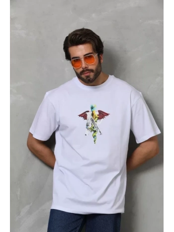 Unisex Bisiklet Yaka Baskılı Oversize T-Shirt - Beyaz