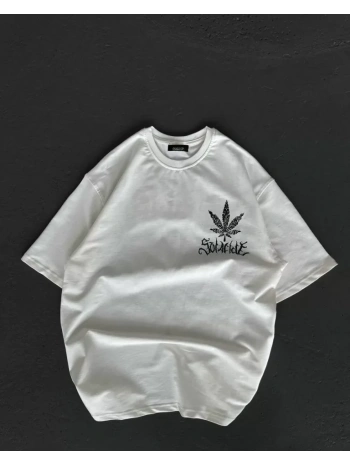 Unisex Bisiklet Yaka Baskılı Oversize T-Shirt - Beyaz