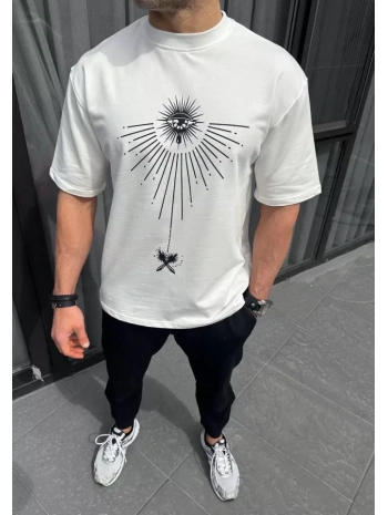 Unisex Bisiklet Yaka Baskılı Oversize T-Shirt - Beyaz