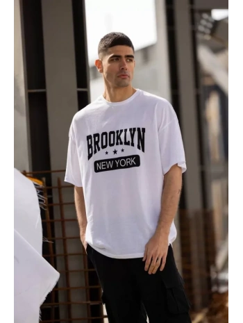 Unisex Bisiklet Yaka Baskılı Oversize T-Shirt - Beyaz