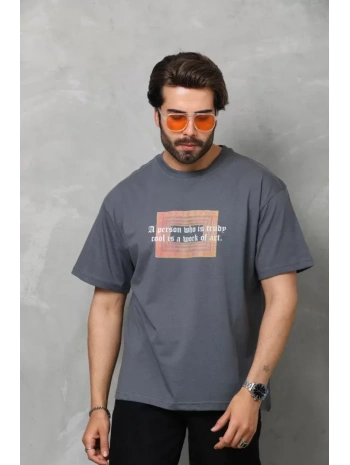 Unisex Bisiklet Yaka Baskılı Oversize T-Shirt - Füme