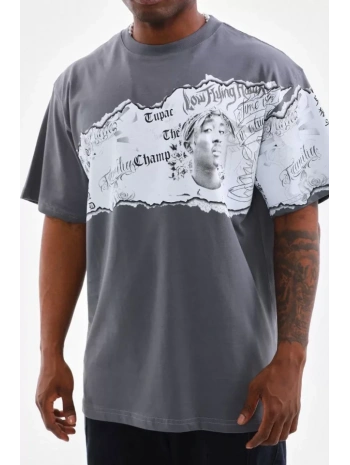 Unisex Bisiklet Yaka Baskılı Oversize T-Shirt - Gri