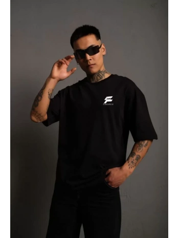 Unisex Bisiklet Yaka Baskılı Oversize T-Shirt - Siyah