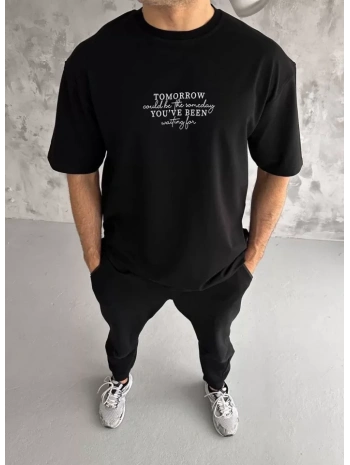 Unisex Bisiklet Yaka Baskılı Oversize T-Shirt - Siyah