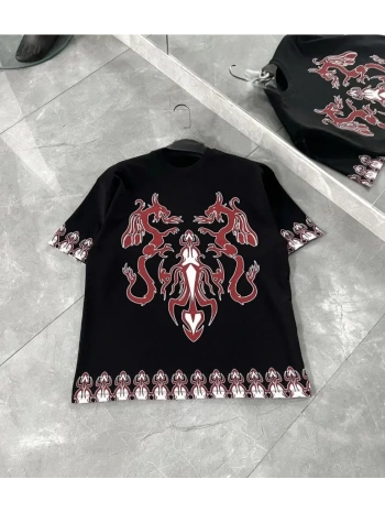 Unisex Bisiklet Yaka Baskılı Oversize T-Shirt - Siyah