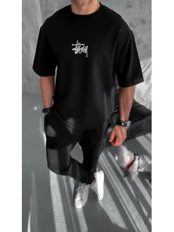 Unisex Bisiklet Yaka Baskılı Oversize T-Shirt - Siyah