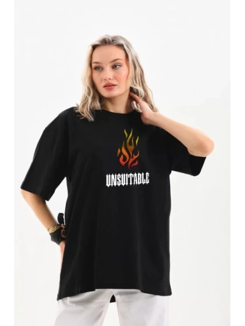 Unisex Bisiklet Yaka Baskılı Oversize T-Shirt - Siyah