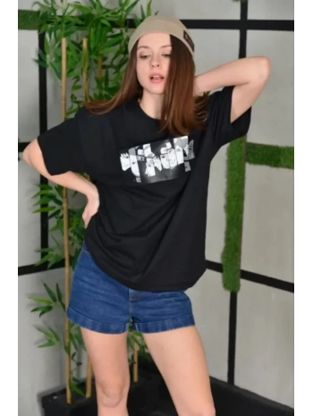 Unisex Bisiklet Yaka Baskılı Oversize T-Shirt - Siyah