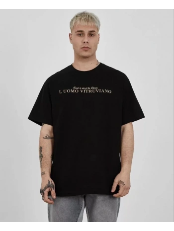 Unisex Bisiklet Yaka Baskılı Oversize T-Shirt - Siyah