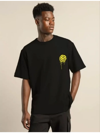 Unisex Bisiklet Yaka Baskılı Oversize T-Shirt - Siyah