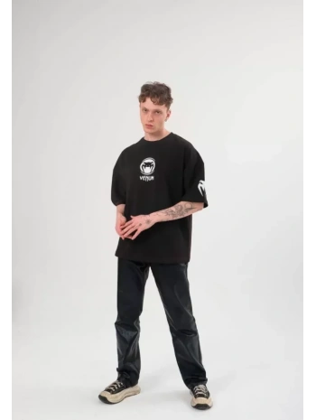 Unisex Bisiklet Yaka Baskılı Oversize T-Shirt - Siyah