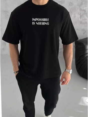 Unisex Bisiklet Yaka Baskılı Oversize T-Shirt - Siyah