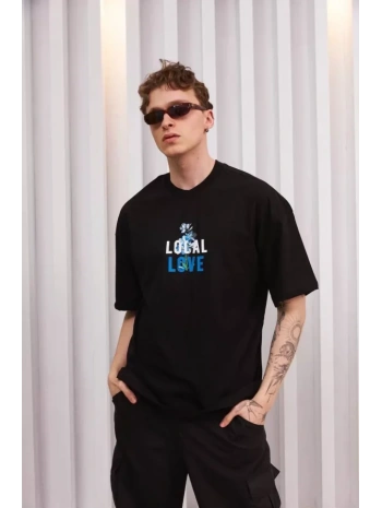 Unisex Bisiklet Yaka Baskılı Oversize T-Shirt - Siyah