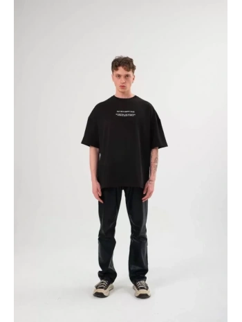 Unisex Bisiklet Yaka Baskılı Oversize T-Shirt - Siyah