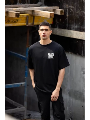 Unisex Bisiklet Yaka Baskılı Oversize T-Shirt - Siyah