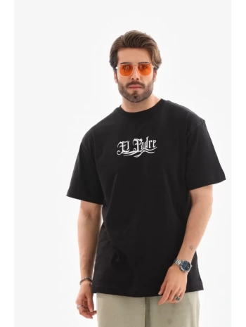 Unisex Bisiklet Yaka Baskılı Oversize T-Shirt - Siyah