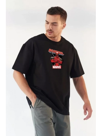 Unisex Bisiklet Yaka Baskılı Oversize T-Shirt - Siyah