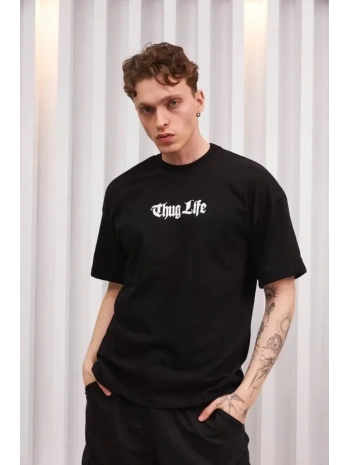 Unisex Bisiklet Yaka Baskılı Oversize T-Shirt - Siyah