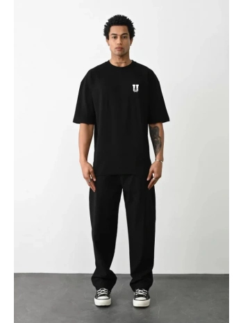 Unisex Bisiklet Yaka Baskılı Oversize T-Shirt - Siyah