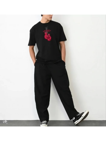 Unisex Bisiklet Yaka Baskılı Oversize T-Shirt - Siyah