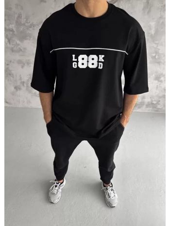 Unisex Bisiklet Yaka Baskılı Oversize T-Shirt - Siyah