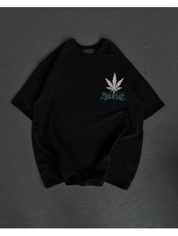 Unisex Bisiklet Yaka Baskılı Oversize T-Shirt - Siyah