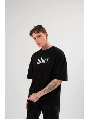 Unisex Bisiklet Yaka Baskılı Oversize T-Shirt - Siyah