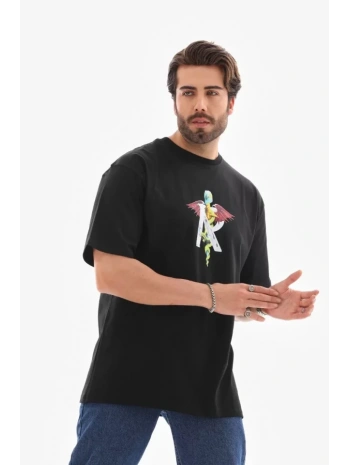 Unisex Bisiklet Yaka Baskılı Oversize T-Shirt - Siyah