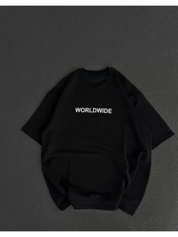 Unisex Bisiklet Yaka Baskılı Oversize T-Shirt - Siyah