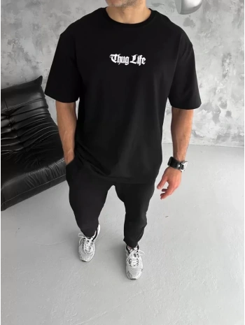 Unisex Bisiklet Yaka Baskılı Oversize T-Shirt - Siyah