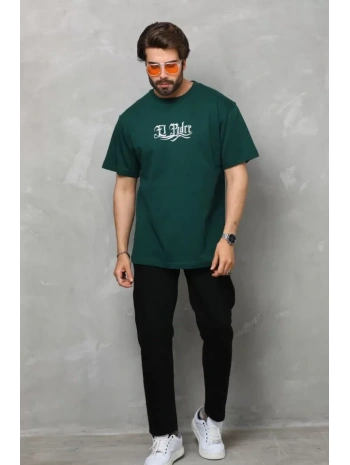 Unisex Bisiklet Yaka Baskılı Oversize T-Shirt - Yeşil