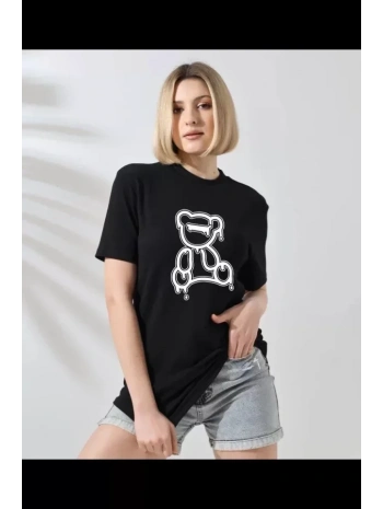 Unisex Bisiklet Yaka Baskılı T-Shirt - Siyah