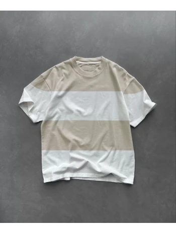 Unisex Bisiklet Yaka Parçalı T-Shirt - Bej