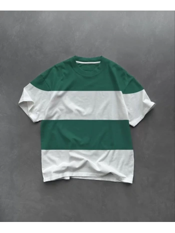 Unisex Bisiklet Yaka Parçalı T-Shirt - Yeşil