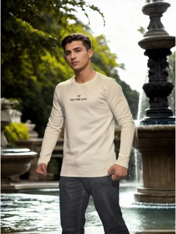 Unisex Bisiklet Yaka Uzun Kollu T-Shirt - Beyaz