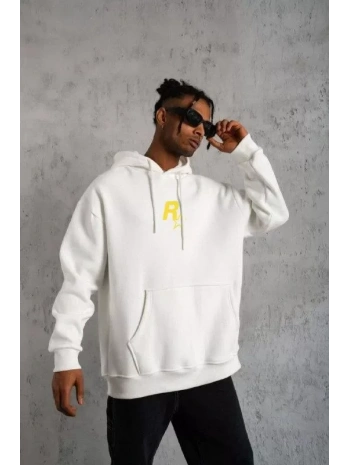 Unisex Kapşonlu Baskılı Sweetshirt - Beyaz