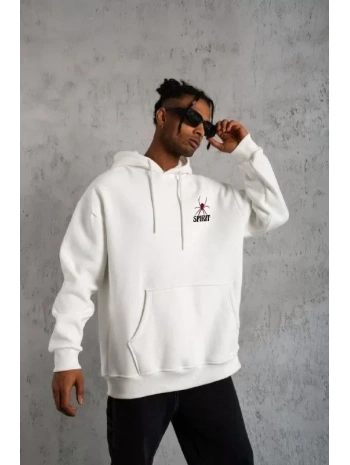 Unisex Kapşonlu Baskılı Sweetshirt - Beyaz