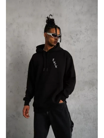Unisex Kapşonlu Uzun Kol Baskılı Sweetshirt - Siyah
