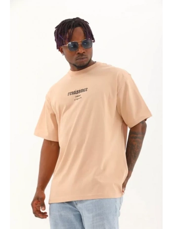 Unisex Oversize Baskılı Bisiklet Yaka T-Shirt - Bej
