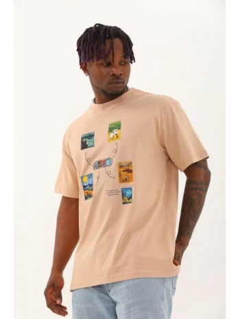 Unisex Oversize Baskılı Bisiklet Yaka T-Shirt - Bej