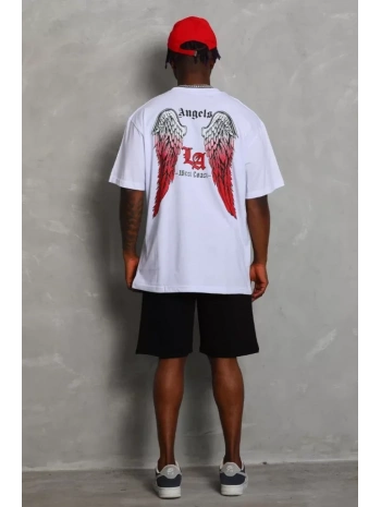 Unisex Oversize Baskılı Bisiklet Yaka T-Shirt - Beyaz