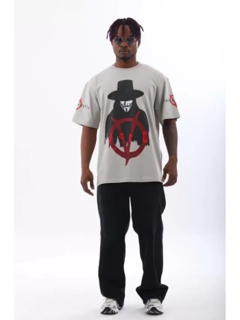 Unisex Oversize Baskılı Bisiklet Yaka T-Shirt - Gri