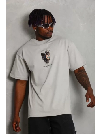 Unisex Oversize Baskılı Bisiklet Yaka T-Shirt - Gri